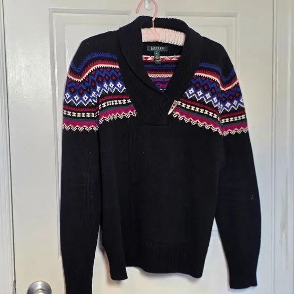 Lauren Ralph Lauren Cotton Sweater Black Shawl Fair Isle Nordic Design Toggle XL - Picture 8 of 9